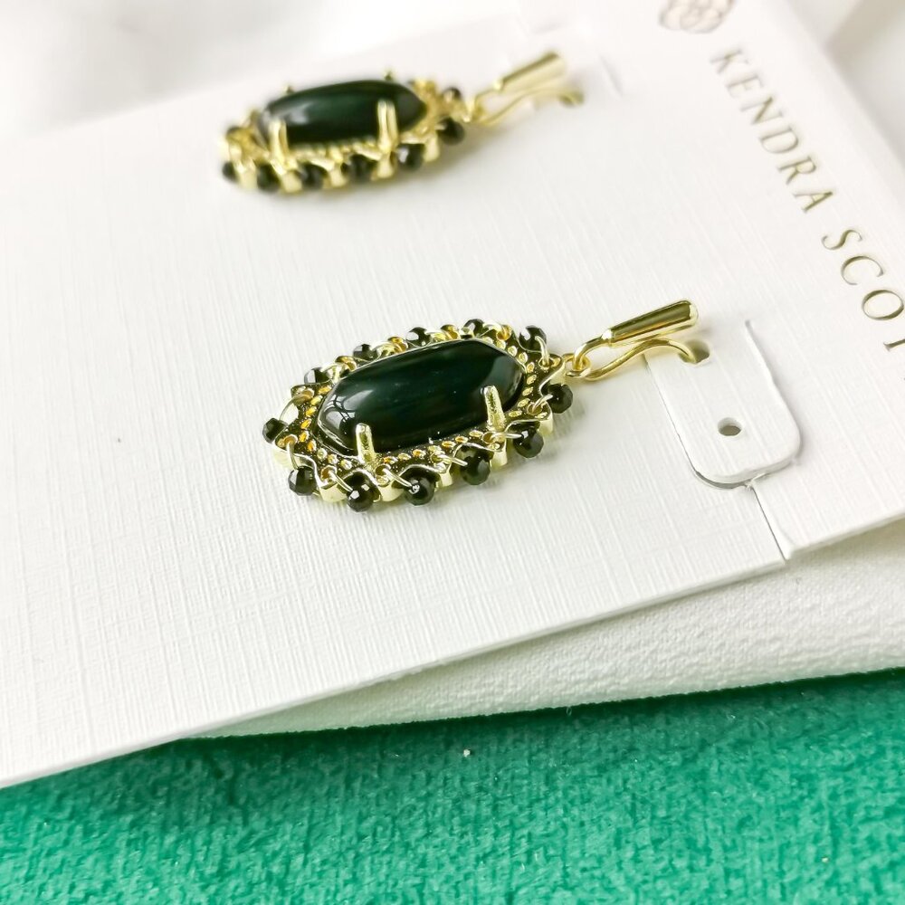Kendra Scott Gold Drop Earrings - Beaded Lee Black Obsidian $58 New - Picture 2 of 3